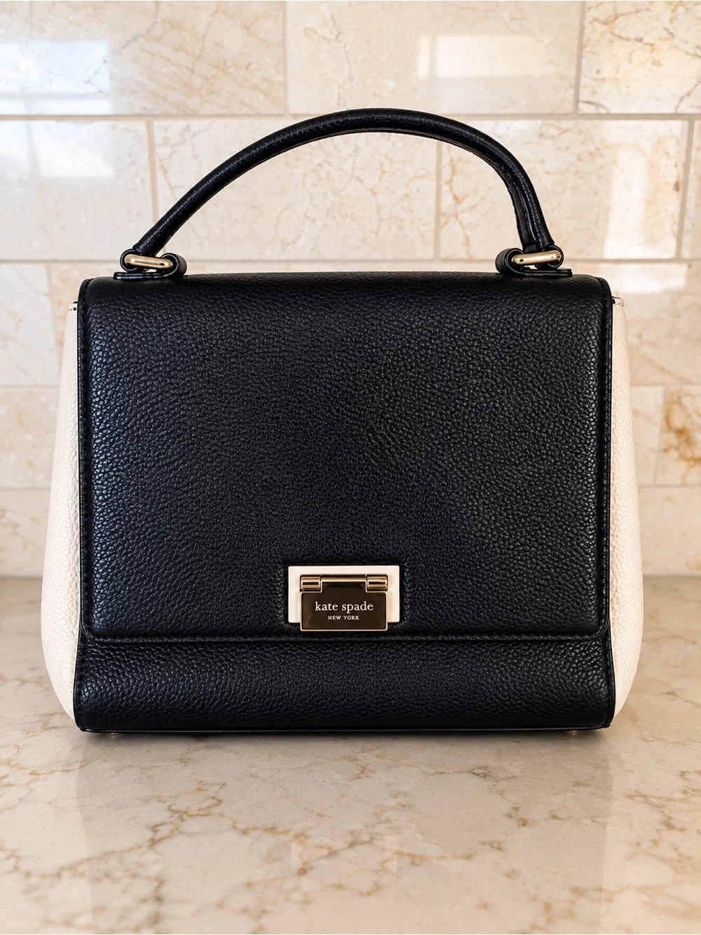 kate spade Black and Cream Pebbled Leather Top-Handle Satchel